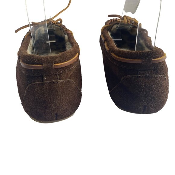 Minnetonka Brown Suede Leather Moccasin Slippers Women Size 8 Faux Fur Lining - Picture 7 of 9